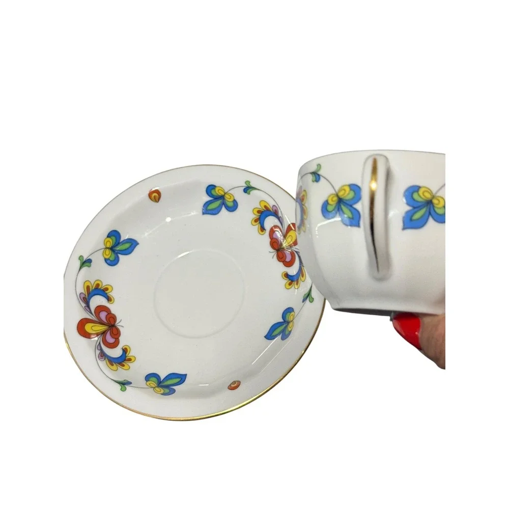 Porsgrund Norway Porcelain VTG‎ MCM Farmers Rose Tea Cup Saucer Set Rosemaling
